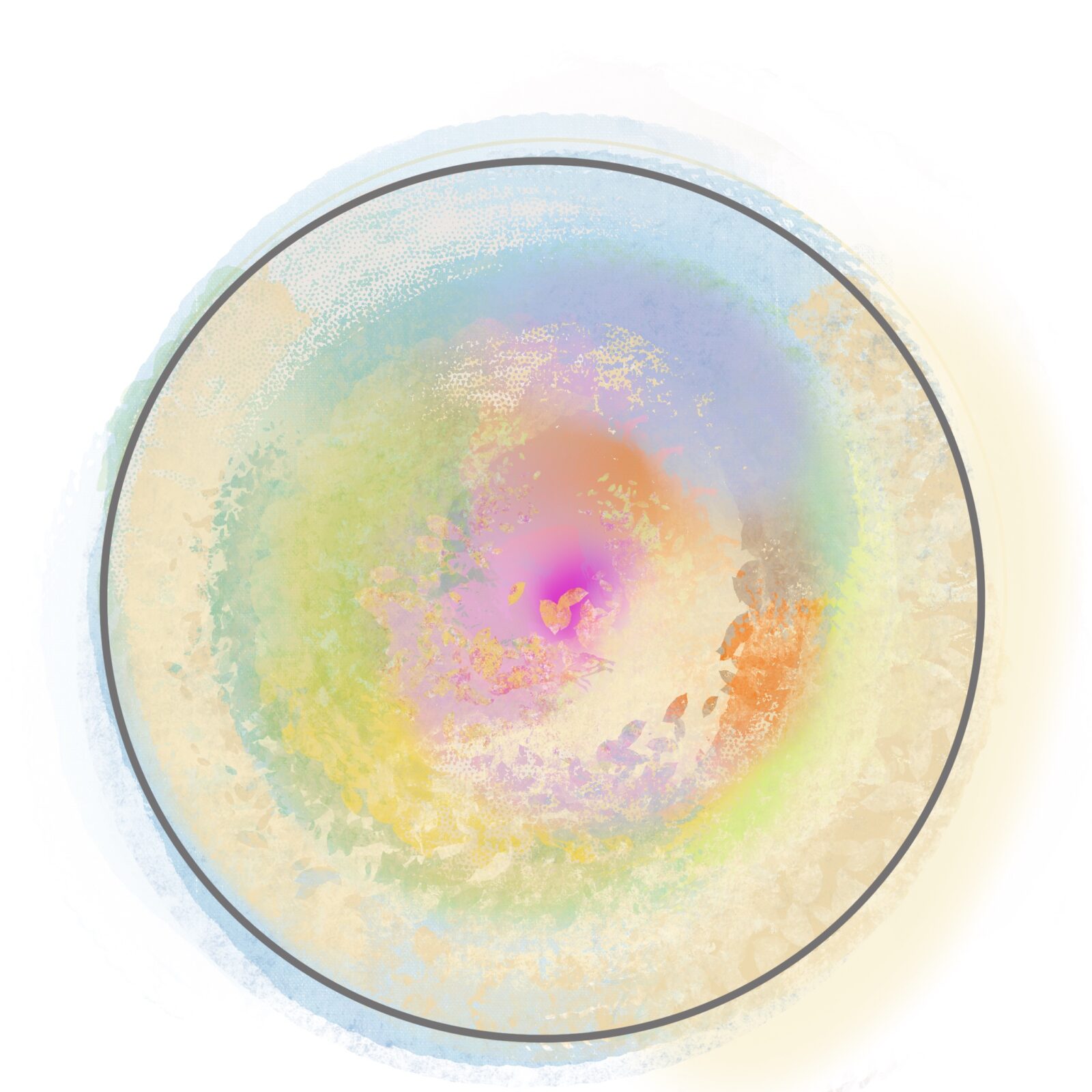 Graphischer Entwurf für ein rundes Bild in Pastelltönen. Die Farben gehen in pastellkreidetechnik in einander über. Im Zentrum von Pink und Orange über Blautöne bis zu ruhigen Cremetönen an der Aussenkante.